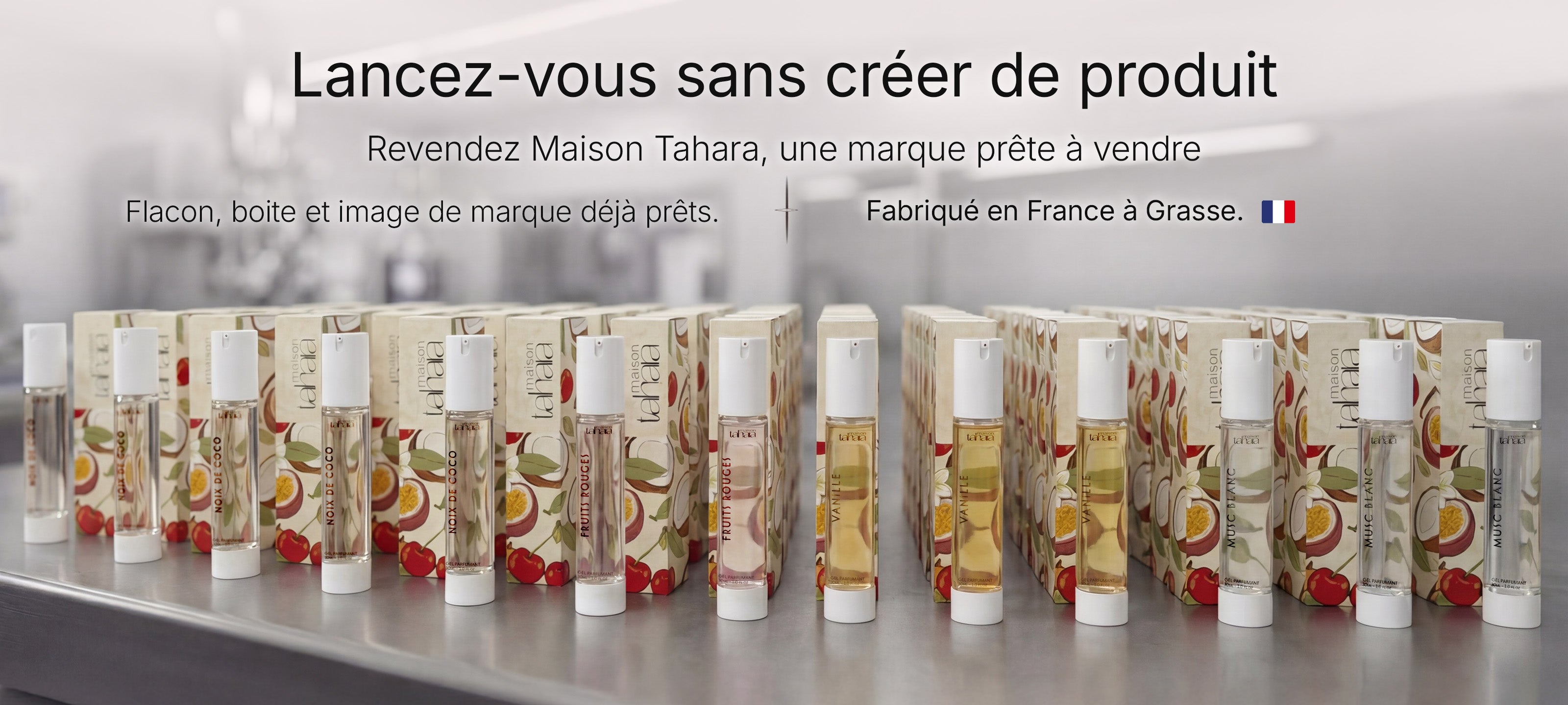dispositions de flacons et de packaging de la marque maison tahara pour la revente